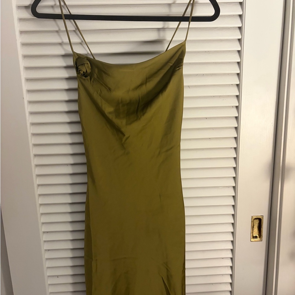 XS H&M Satin Olive Short Dress with Thin Straps and Rose detail